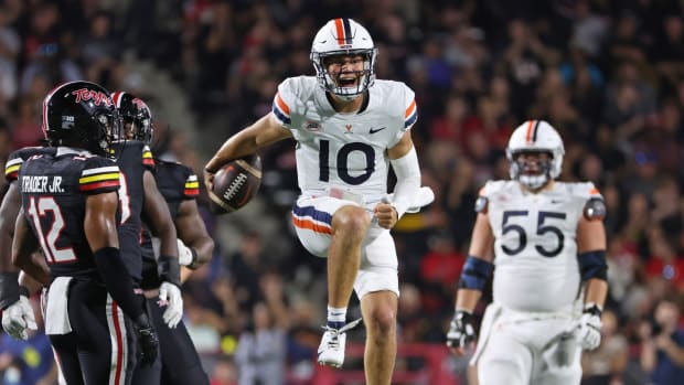 Anthony Colandrea celebrates during the Virginia football game against Maryland at SECU Stadium in College Park.